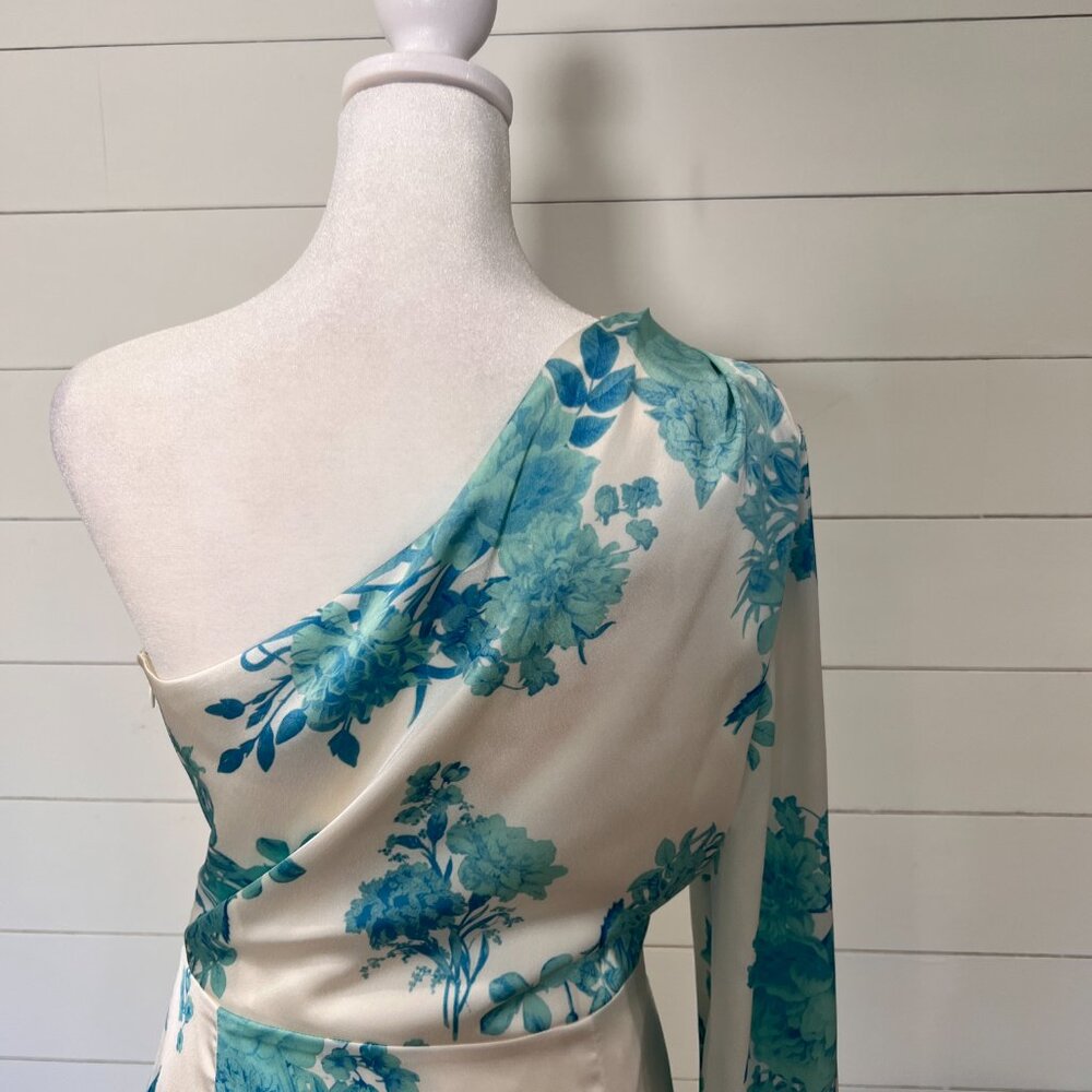 Gianni Bini Cream and Blue Satin Floral Wrap Dress Size 10 - Picture 7 of 11